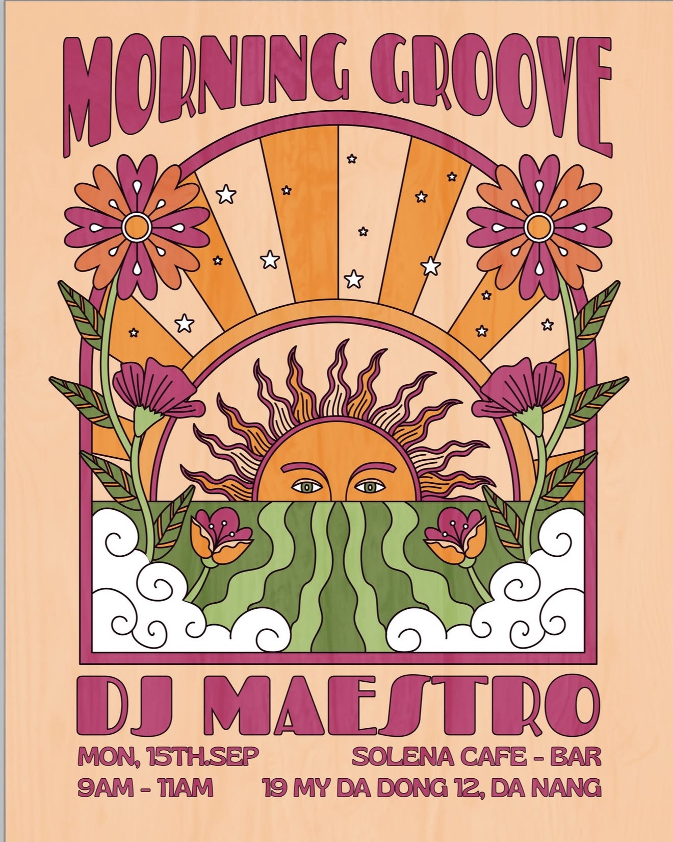 Morning Groove poster — 70s psychedelic sun design