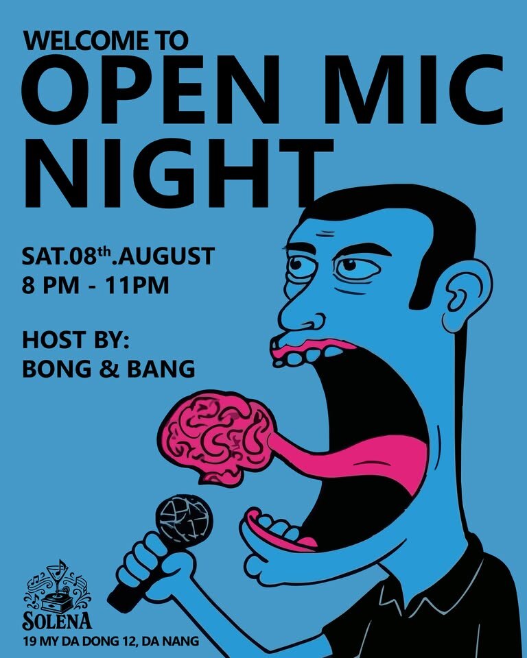 Open Mic Night poster — blue illustration of a singer at the mic